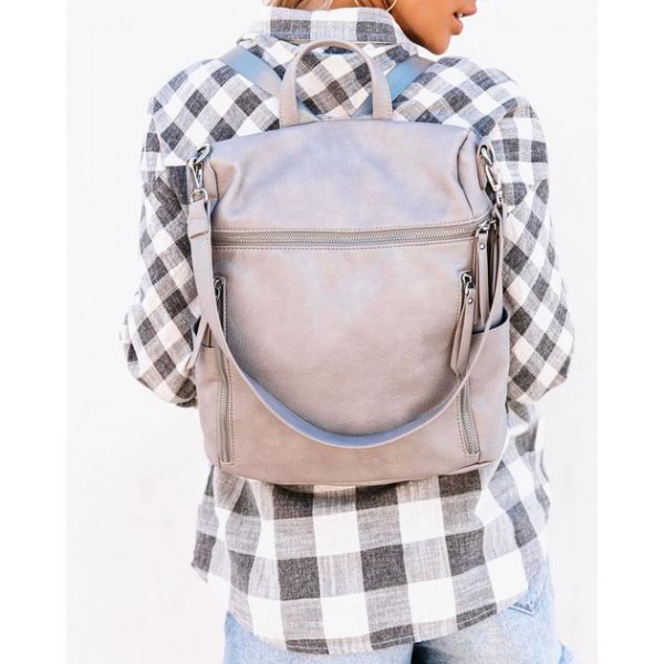 Jefferson Faux Leather Zip Backpack - Grey